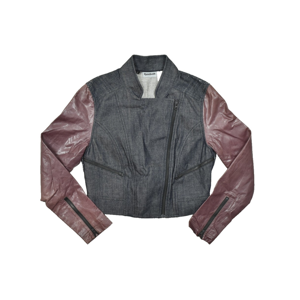 Reebok Alicia Keys Denim Moto Jacket Women S Paint Splatter Burgundy Faux Leathe